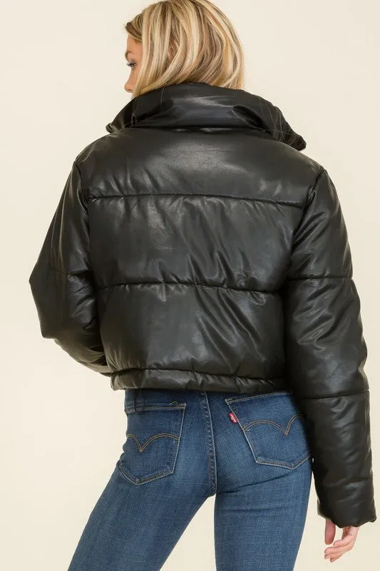 Black Faux Leather Long Sleeve Fluffy Puffer Jackets