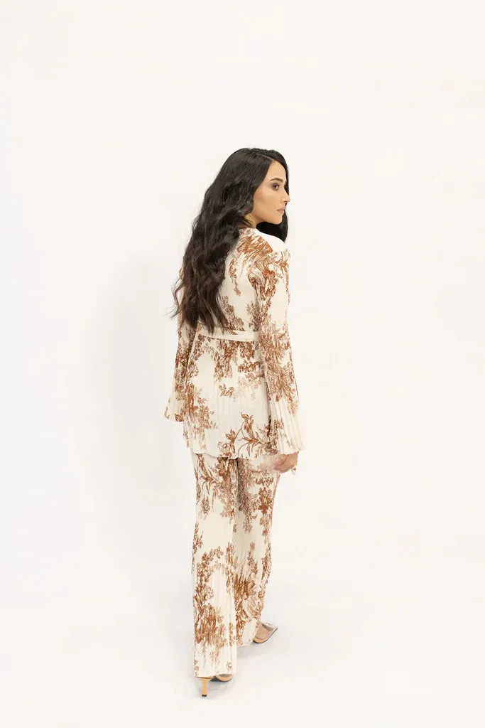 Spring Summer 24 - Melihe Floral Beige Printed Pleated Suit