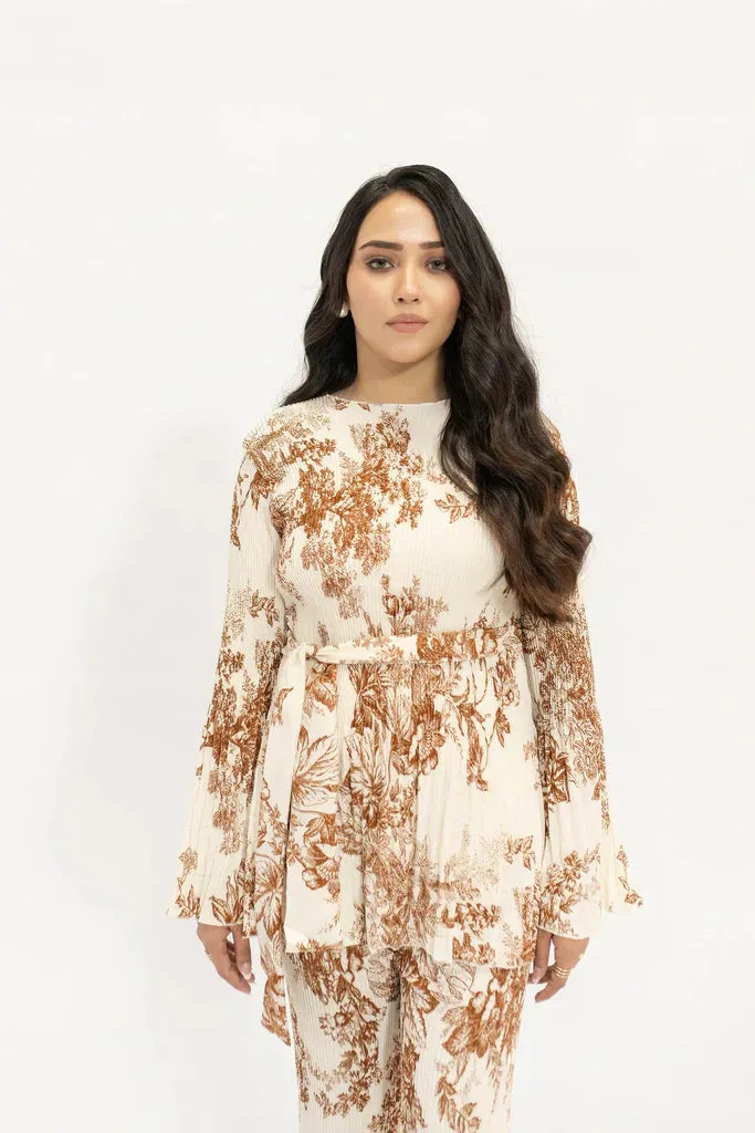 Spring Summer 24 - Melihe Floral Beige Printed Pleated Suit